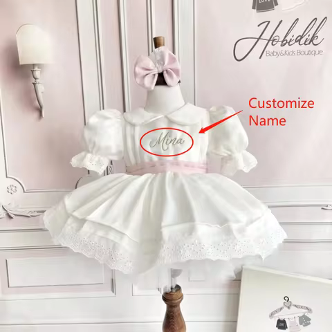 0-12Y Baby Girl Summer White Custom Name Vintage Lolita Princess Ball Gown Dress for Birthday Eid B1