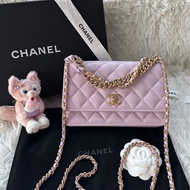 全新Chanel 24S woc 紫色 淺紫色 淡紫色 金扣 蝴蝶結 鏈條手柄 荔枝牛皮 手提 單肩 斜挎