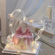 網紅女神生日蛋糕裝飾發光飄帶擺件粉色糯米紙蝴蝶結仙女蛋糕插件