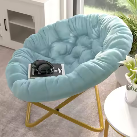 Oversized Saucer Chair Folding Faux Fur Cushion Metal Frame 38in 300lbs Capacity No Assembly Require