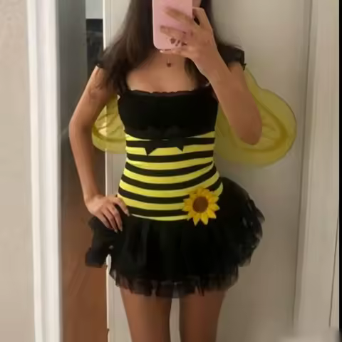 Women Bubble Bee Costume Striped Mini Tulle Dress Wings and Antenna Headband Set of 3 for Halloween 