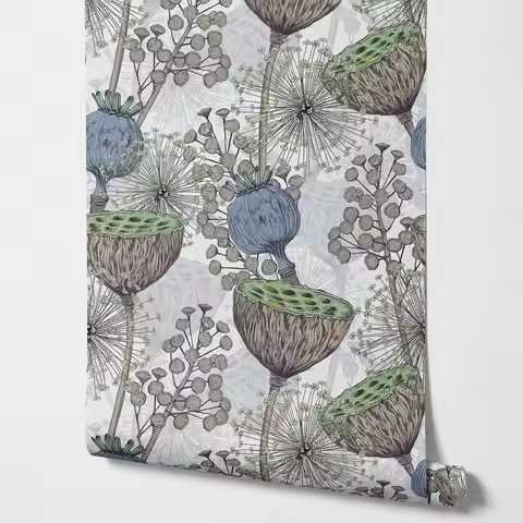 Lotus Flowers Wallpaper, Watercolor ink paint Lotus Leaves Wall paper in Blue