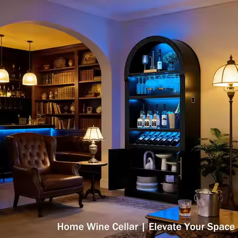 71" Black Arched Fluted Coffee Bar Cabinet LED Light Wine Rack Liquor Storage, Custom