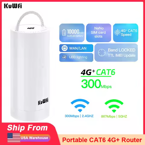 KuWFi CAT6 SIM Router 1200Mbps 2.4GHz/5GHz Single WiFi 10000mAh Battery LED Lighting 4G+ LTE Modem T
