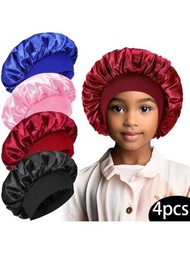 4入組兒童實色寬邊彈性絲綢緞面時尚睡眠帽，休閒柔軟舒適透氣日常頭戴帽