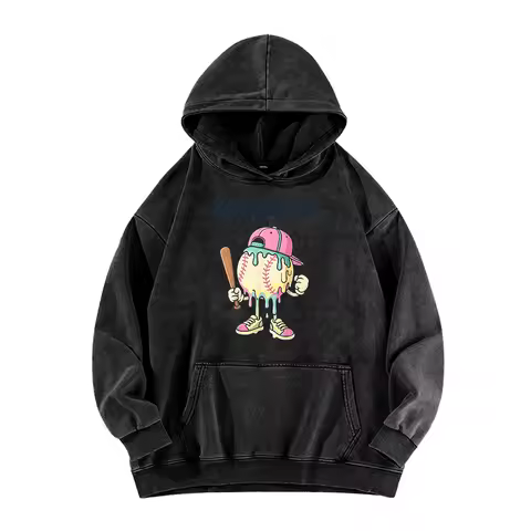 Funny Ice Cream Drip Baseball Printed Washed Hoodie Women Men Classic Baseball Long Sleeve Harajuku 