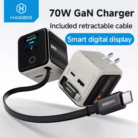 Hagibis Retractable USB C Charger Foldable Plug 70W GaN Wall Charger With LED Display Fast Charging 
