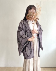 日本製古著羽織和服外套紫色和風織紋薄款
