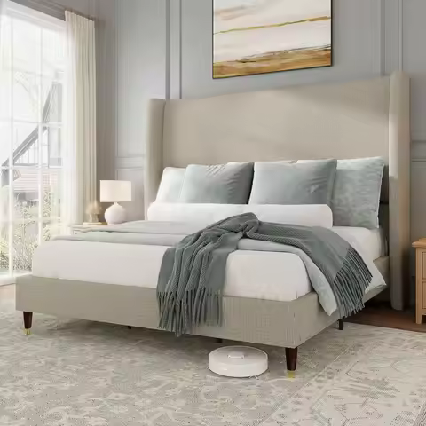 King Size Bed Frame 51.2 Wingback Headboard Linen Upholstered Platform Bed with Solid Wood Legs amp 