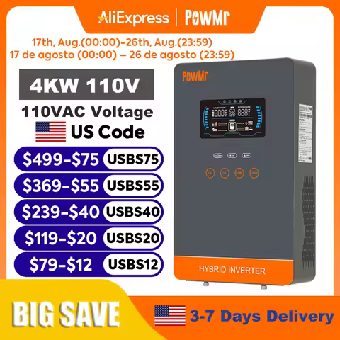 PowMr 4KW Hybrid Solar Inverter 24V 110V Off Grid Inverter Work Without Battery with MPPT 140A Solar