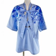 GUCCI 788835 皮革馬銜扣和緞帶領帶 100% 純棉短袖襯衫，藍色，36 碼，意大利製造，正品，女款，成色極佳。