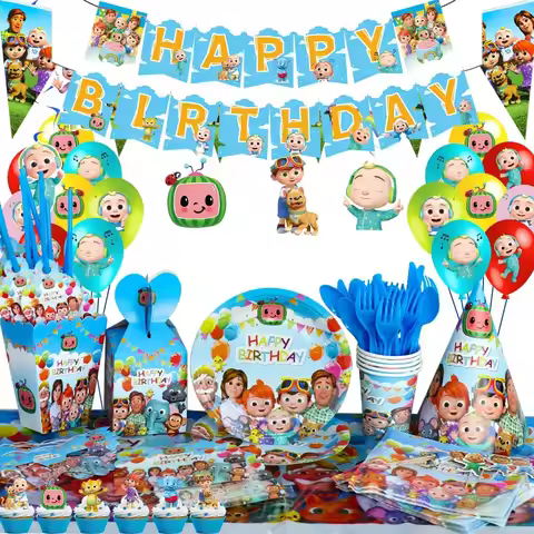 Cocomelon Boys Decoration Birthday Party Balloons Set Background Tableware Cup Knife Fork Background