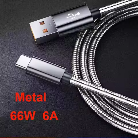 66W 6A Type C Charge Data Cable Spring Metal Braided For Xiaomi 13 K50 K60 Huawei Samsung S3 S6 S7 A