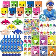 Baby Shark Party Favor Bags and Party Toy Stuffing Including 12 Goodie Bags 12 Shark Mask 50 Sticker 12 Baby Shark Keychain etc. Perfect for Kid's Birthday Party Supplies and Kids Return Gifts