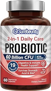 Surebounty Probiotics 60 Billion CFU 19 Strains, Probiotics for Men &amp; Women, with 100mg Prebiotic, Shelf Stable, 2-in-1 Daily Care Probiotic, Digestive &amp; Immune Health, Non-GMO, 60 Veggie Capsules