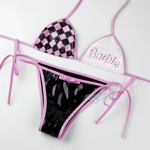 Women Three Point Underwear Set Cosplay Costume Barbie Cute Girl Pink Black Plaid Bikini Swimsuit