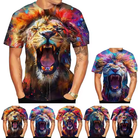 New Fashion Men's and Women's Crew Neck 3D HD Printing Colorful Lion Print T-shirt Street Style Unis