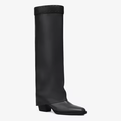 2025Women's Thick High-heeled Knee High Boots Square Toe Fashion Show Winter Mid Length Boots 34-46 