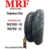 MRF 90/90 -12 & 90/100 -10 TUBELESS TIRE size 10" & 12" (FREE Sealant and Pito)