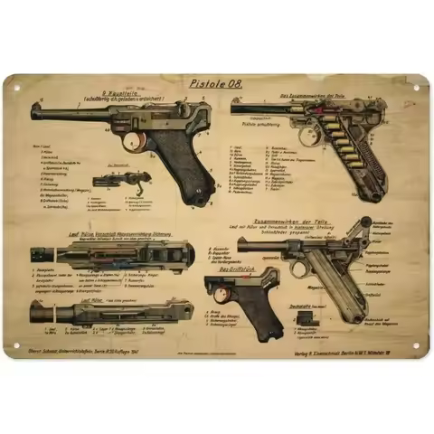 LugerPistol08GunSign WW2 Luger Pistol 08 Metal Tin Sign 12In - History GunCollector Gift, Office/Liv