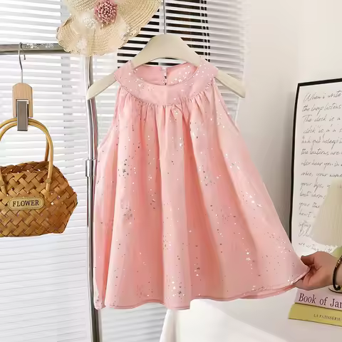 Summer Sleeveless Princess Dress Star Pattern Pink Sequin Dress Simple Raglan Dress For 1-7 Years Ba