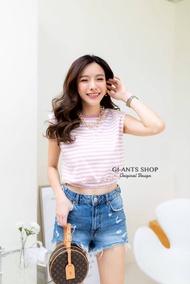 GI-ANTS เสื้อยืดคอกลม ไหล่ล้ำเสริมบ่า ลายริ้ว ผ้าคอทตอล CARDIGAN_NISTA (GIAA3B)
