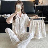 Bộ Đồ Ngủ Cotton Cloud Mùa Hè Cho Nữ Bộ Đồ Ngủ Tay Ngắn Bộ Đồ 3 Mảnh Dáng Rộng Ngọt Ngào Ở Nhà Quần