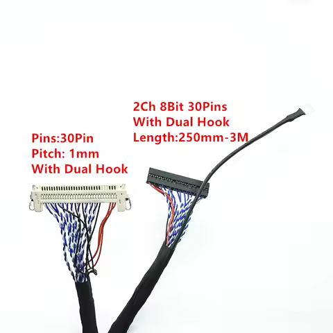 25CM-3M With Hooks LVDS Cable FIX-30P-D8 FIX 30Pins D8 Double 2ch 8bit 1.0mm Pitch For 17-21inch LCD