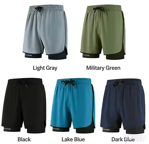 Men Fitness Built-in pocket sports Shorts Summer 2 In 1 Quick Dry Gym Beach shorts Running Double-de
