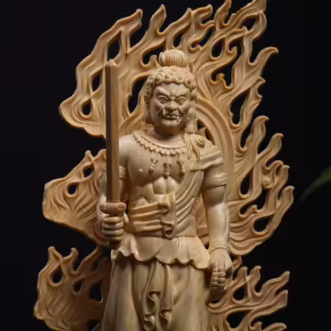 Wood Carved Hand Carved Fudo Myoo Acalanatha Standing Statue Figurine Zodiac Guardian Home Altar Tem