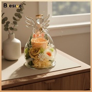 Preserved Roses Angel Figurine Glass Dome Artistic Sculpture for Love Decoration Valentine Christmas