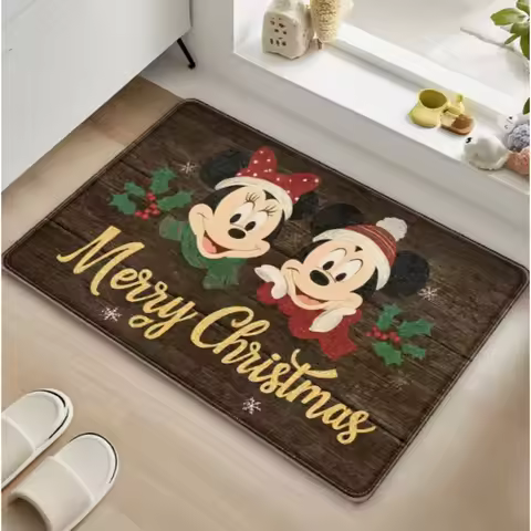 Friendly Mickey and Minnie Christmas Floor Mat with Iconic Red Bow and Gold Logo Machine Washable Ma