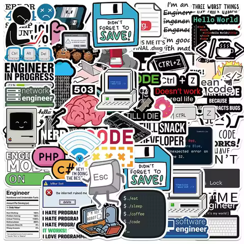 10/30/50pcs Cool Cartoon Engineer Programming Network Coding Hacker MEME Stickers Decals DIY Laptop 