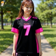 Black and pink contrasting color No.7 jersey for women, sports style V-neck short sleeved street tre