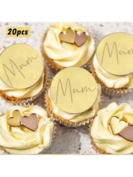 20入組金色壓克力蛋糕插牌,適用於母親節或生日慶祝,壓克力鏡面杯子蛋糕墊,圓形雕刻墊,適合diy杯子蛋糕裝飾