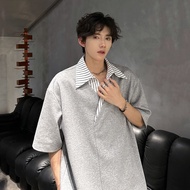 2025 raya baju batik lelaki lengan panjang berkolar Fake Two-Piece V-Neck Striped Polo Shirt Short S