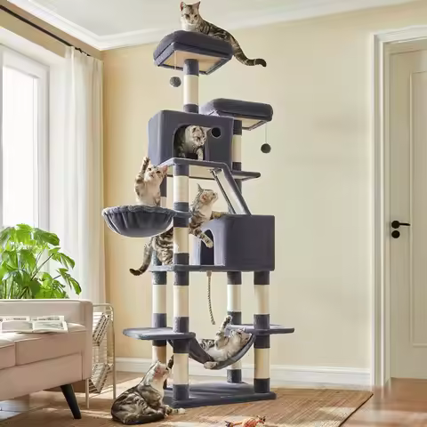 81.1-Inch Large Cat Tower with 13 Scratching Posts, 2 Perches, 2 Caves, Hammock for Multi-Cat Play a