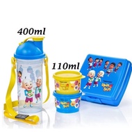 Tupperware Upin Ipin Beverage Set Family Tumbler with Strap (1) 400ml / Snack Cup (2)110ml/Sandwich Keeper