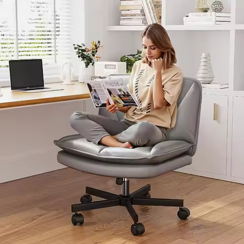 Armless 25.5 Wide Criss Cross Chair with Wheels Leather Cross Legged Office Chair with 2Layer Cushio