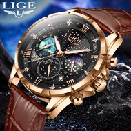 LIGE original Men Watch Multifunction Waterproof Luminous Leather Strap Sport Chronograph Wrist Watch For Men