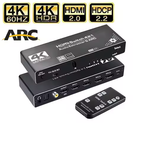 4K 60Hz HDMI Switch with audio extractor 4-IN-1 out HDMI 2.0 Switch Audio Extractor Splitter HDMI 4 