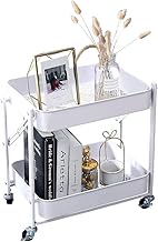 2-Tier Metal Folding Rolling Cart, Mobile Utility Cart Trolley Storage Organizer for Office Home Kitchen Organization, Sofa Side End Table with Wheels, White