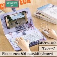 优选 ♥Portable Wired Type-C Mobile Phone Keyboard Mouse Set with Leather Cover Stand for Huawei Fit Mobile Phones Up To 7"
