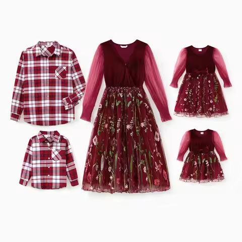 PatPat Scarlet Matching Family Outfits Plaid Shirt or Embroidered Tulle Dress