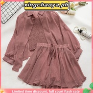 Women's Clothing Three-Piece Set Fashion Summer Thin Jacket Shorts Chiffon 3-Piece Set Summer Women'