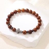 Black Gallstone Cross Beaded Bracelet Men Wood Grain Bracelet Jewelry#SL0903#