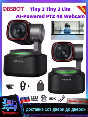 OBSBOT Tiny 2 PTZ Webcam AI-Tracking Auto-Framing Gesture Control HDR Dual Omni-Directional Mic Reco