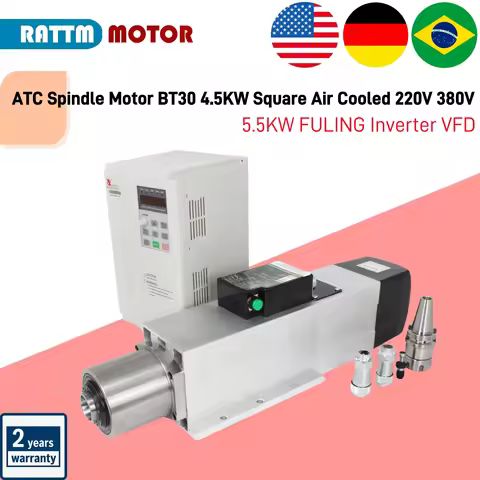 『Stock In US/EU/BR』ATC Spindle Motor BT30 4.5KW Square Air Cooled 220V 380V &5.5KW FULING Inverter V