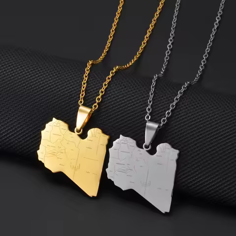 Anniyo Libya Map Cities With Arabic ليبيا Pendant Necklace Jewelry Libyan Stainless Steel #519462