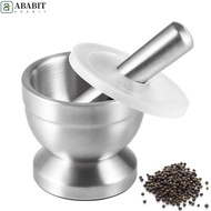 ABABIT Mortar and Pestle, with Lid Double Stainless Steel Spice Grinder, Ergonomic Design Sturdy Non-Slip Base Rustproof Garlic Pounder Seasoning Mill